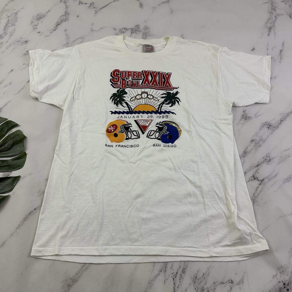 Vintage 90s Super Bowl XXIX Mens Graphic Tee Size XL White 49ers Chargers NFL